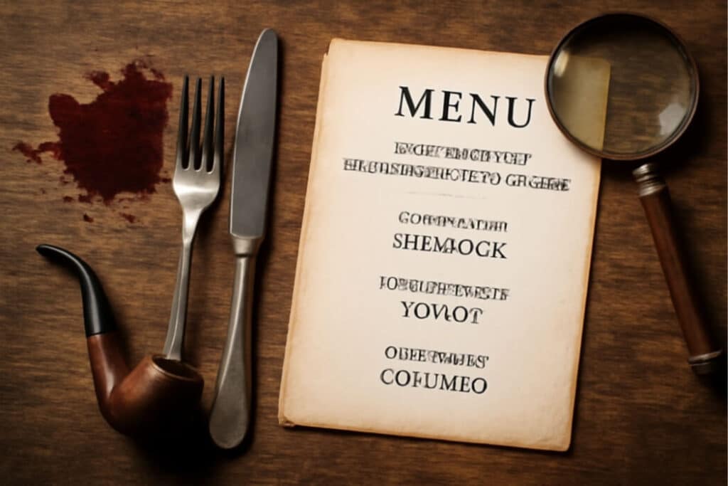 Menu’s geïnspireerd op beroemde fictieve moordzaken (Sherlock, Poirot, etc.)